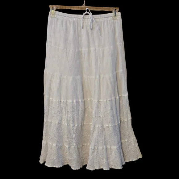 Sand N Sun Women’s Small White Tiered Midi Skirt Lightweight Cotton Boho Style - Picture 1 of 15